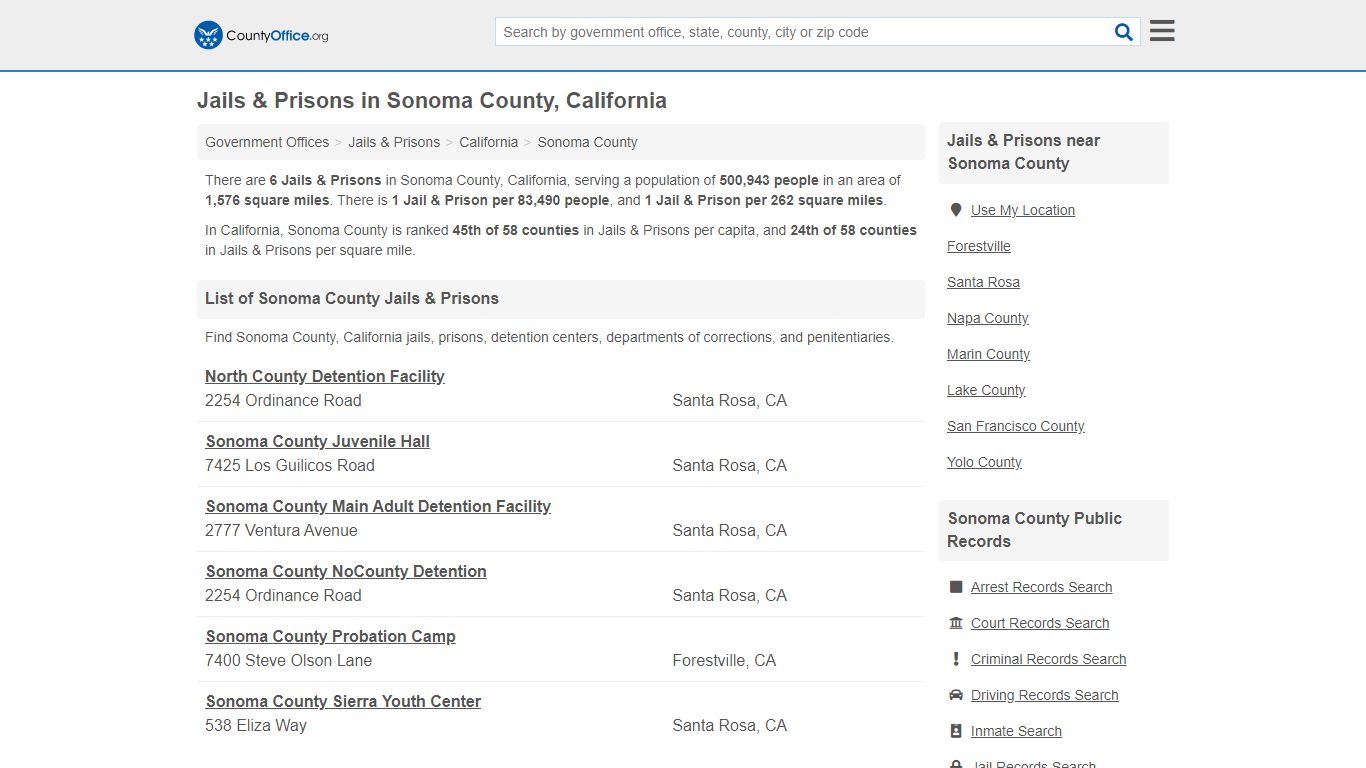Sonoma County, CA (Inmate Rosters & Records) - County Office